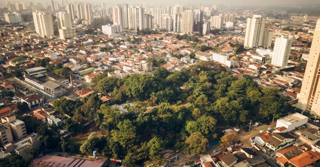 Captivating aerial view of Vila Endres in Sao Paulo, showcasing modern cityscape and green park areas.